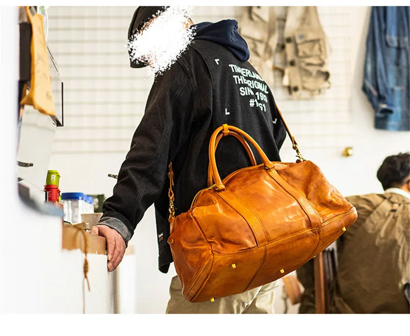 Vintage fashion luxury genuine leather men's travel bag outdoor weekend large capacity crossbody bag real cowhide women handbag