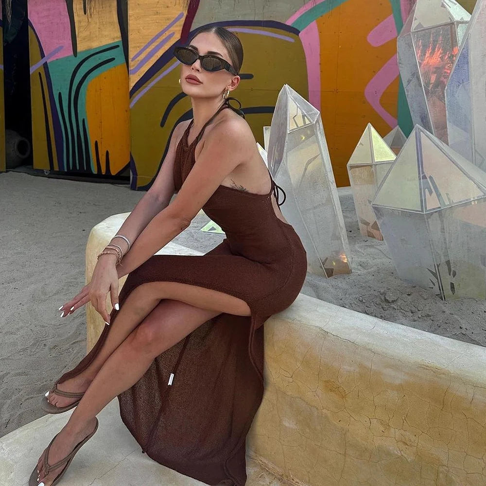 Para Praia Knitted Cover Up Beach Dress Sexy See Through Slit Bodycon Summer Dress Bikinis Cover-ups  Elegant Halter Beachdress