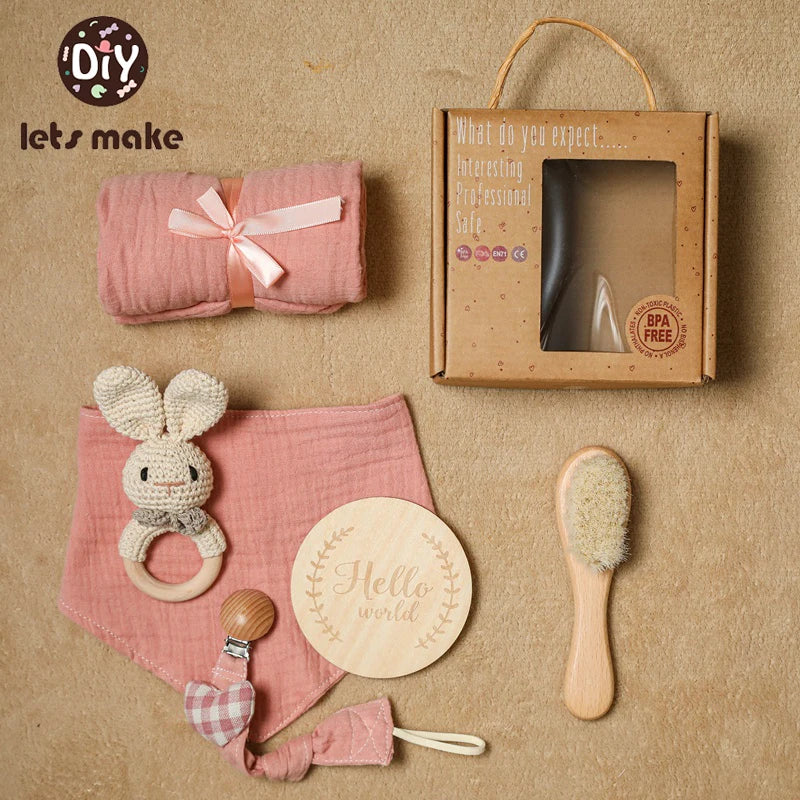 Baby Bathing Mouth Water Towel Pacifier Set Baby Full Moon Milestone Cards Wood Ring Rattle Bath Towel Wool Brush Birthday Gifts