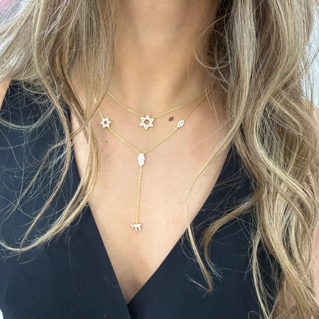 Lucky Cute CZ Star Eye Hand Chai Charm Lariat Y Necklace Amulet Judaism Sign of Life Gold Color Women Jewelry