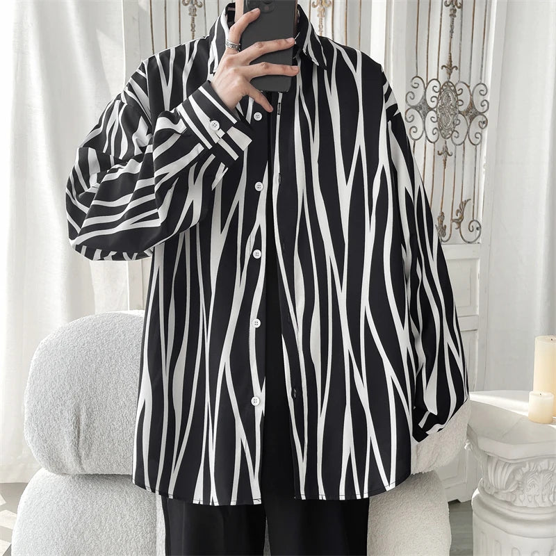 Men's Long Sleeve Striped Shirts Spring New Korean Button Up Shirt Unisex Fashion Casual Oversize Blouse Printed Clothing