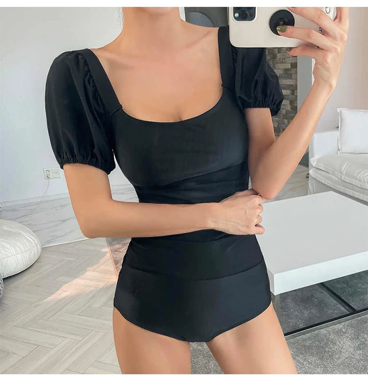 2026 New Women's One-Piece Swimsuit Short Sleeve Thermal Spring Soaking Slimming Waist Cinching Small Chest Student Tie-Bind