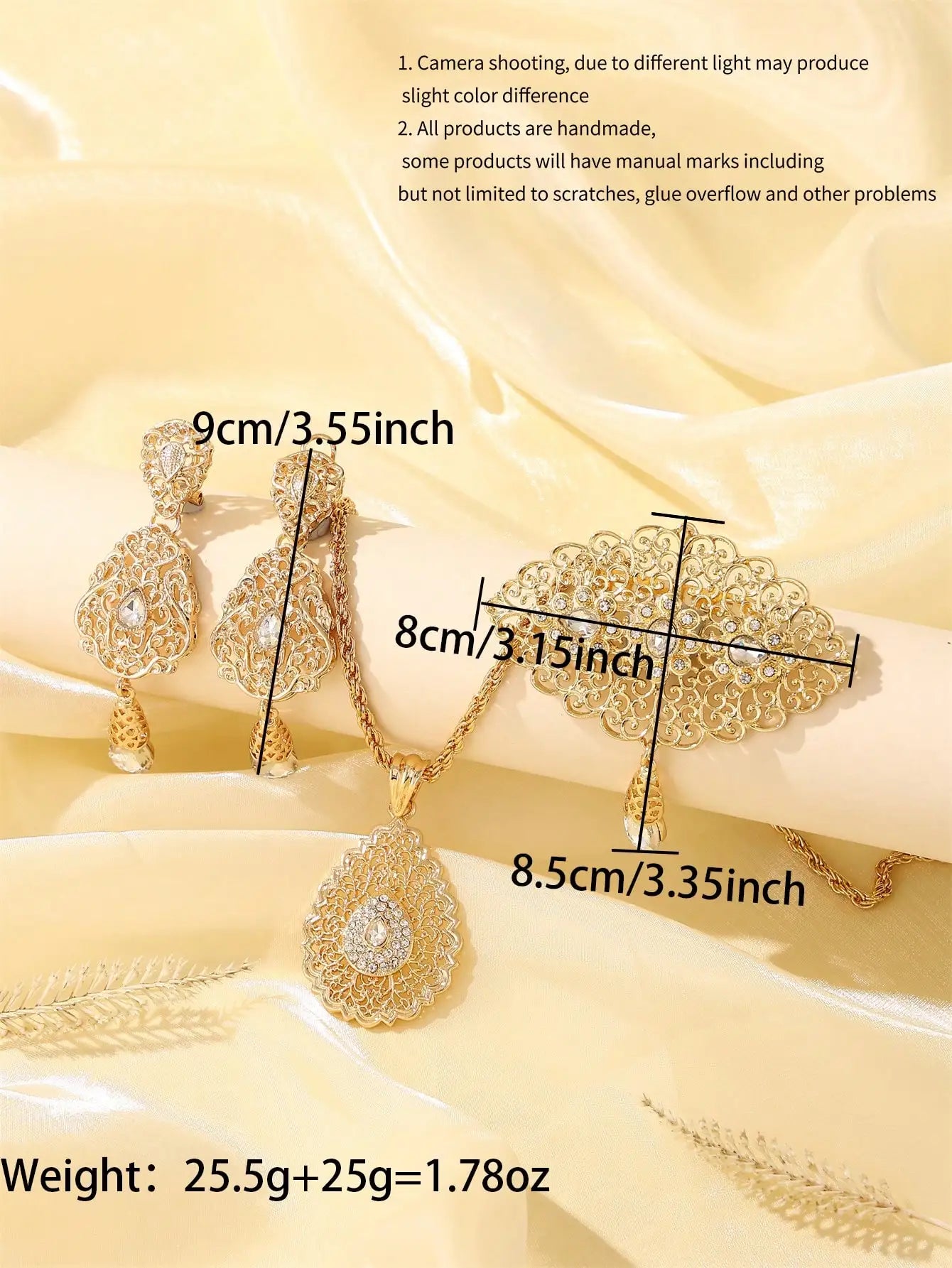 Moroccan Gold Jewelry Set Filigree Pendant Necklace Earrings Brooch For Women Arabic Wedding Party Zinc Alloy Ornament Gift