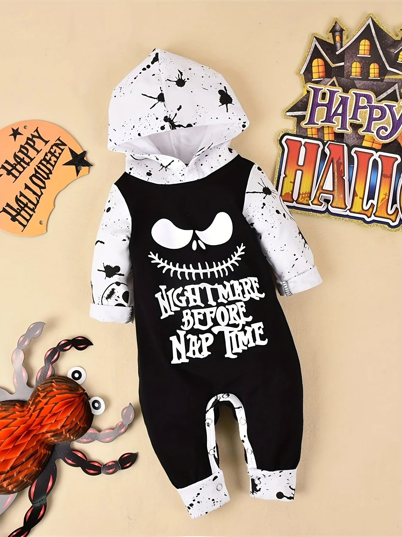 Halloween Newborn  Baby Boy Clothes Infant Baby Boy Romper Long-Sleeve Hooded Cotton Letter Print Nightmare Jumpsuit