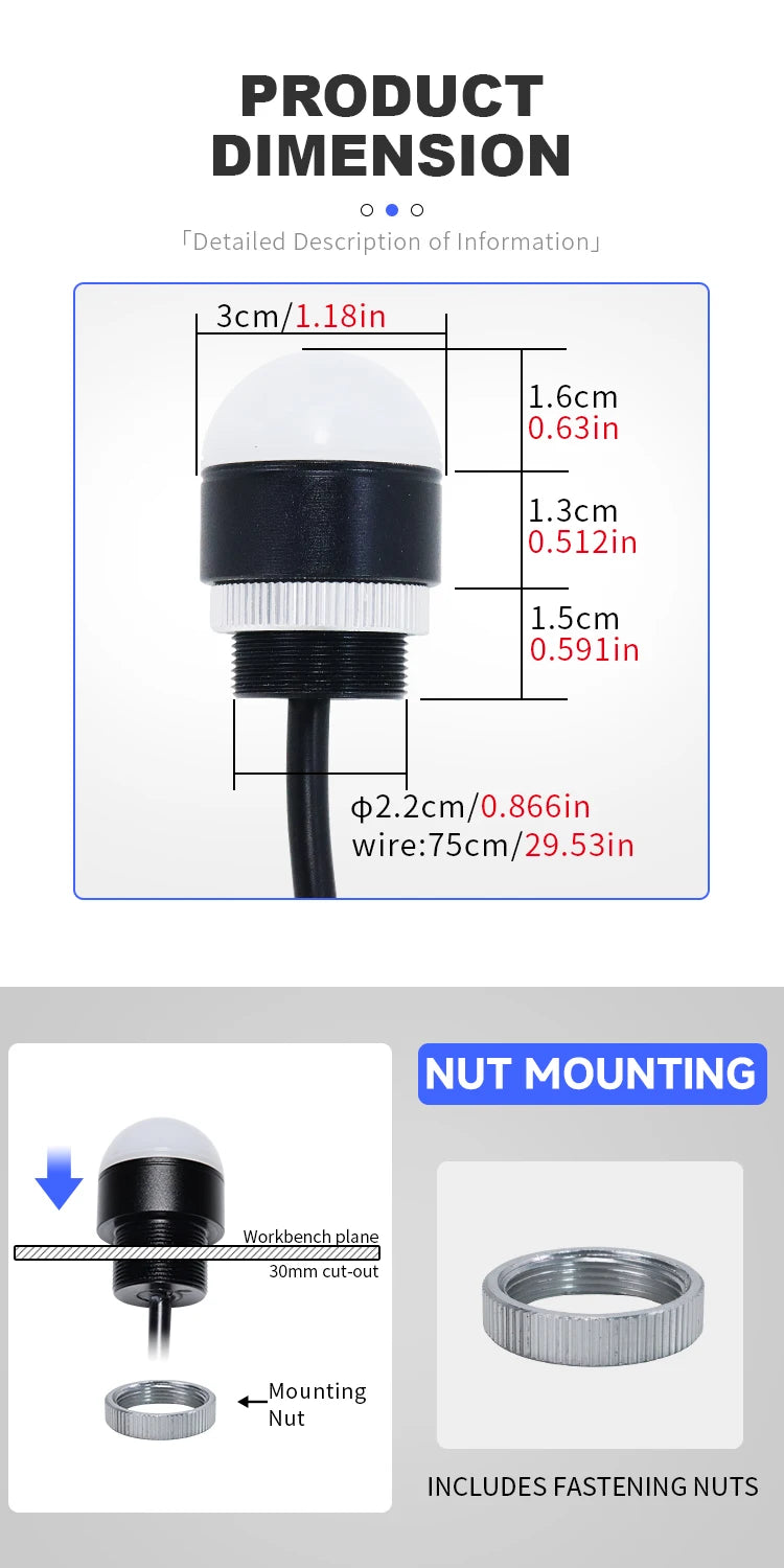 30mm Mini Tri‑Color LED Warning Light 12V24V Waterproof Signal Indicator Lamp for CNC Machine Tool Equipment Industrial Machiner