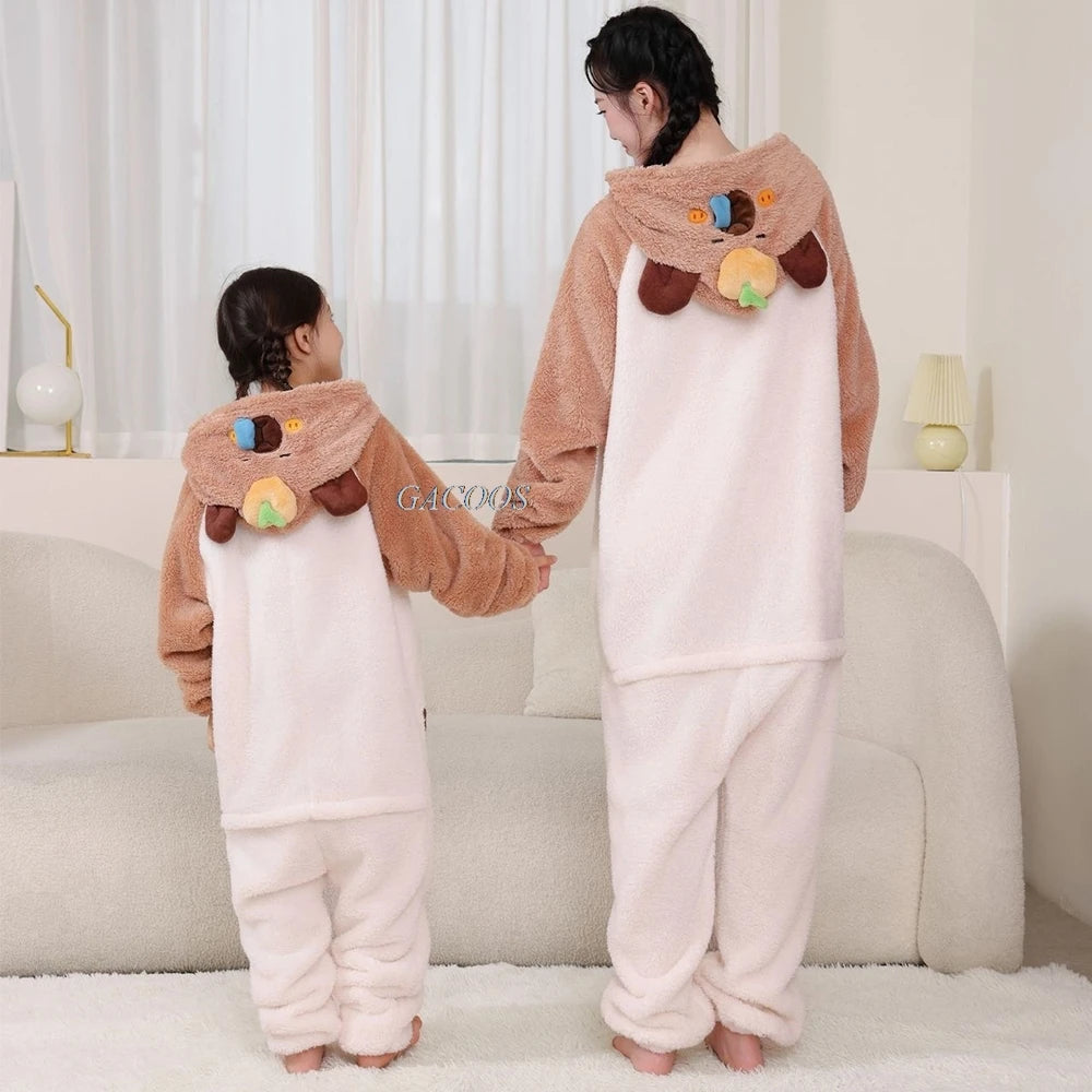 New Children Kigurumi Onesie Boys Girls Flannel Sleepwear Unisex Cypabara Cartoon Pajamas Winter Warm Flannel Hooded Jumspuits
