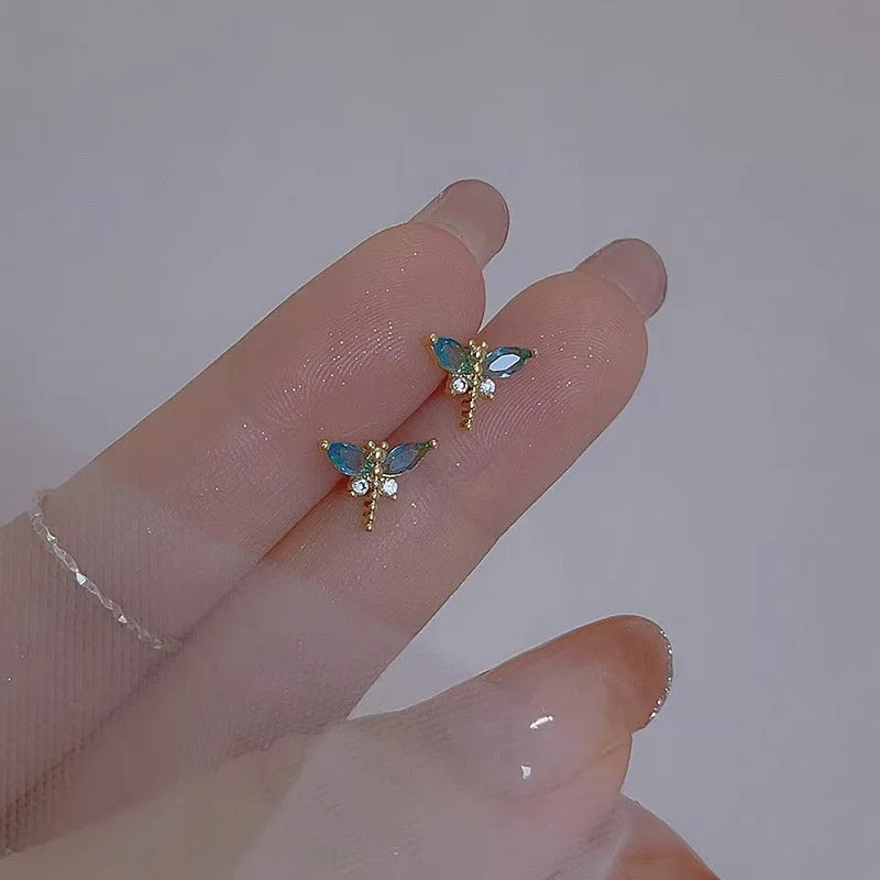 925 Sterling Silver Crystal Dragonfly Stud Earrings For Woman Christmas Gifts Piercing Jewelry Aretes De Mujer Party Gifts