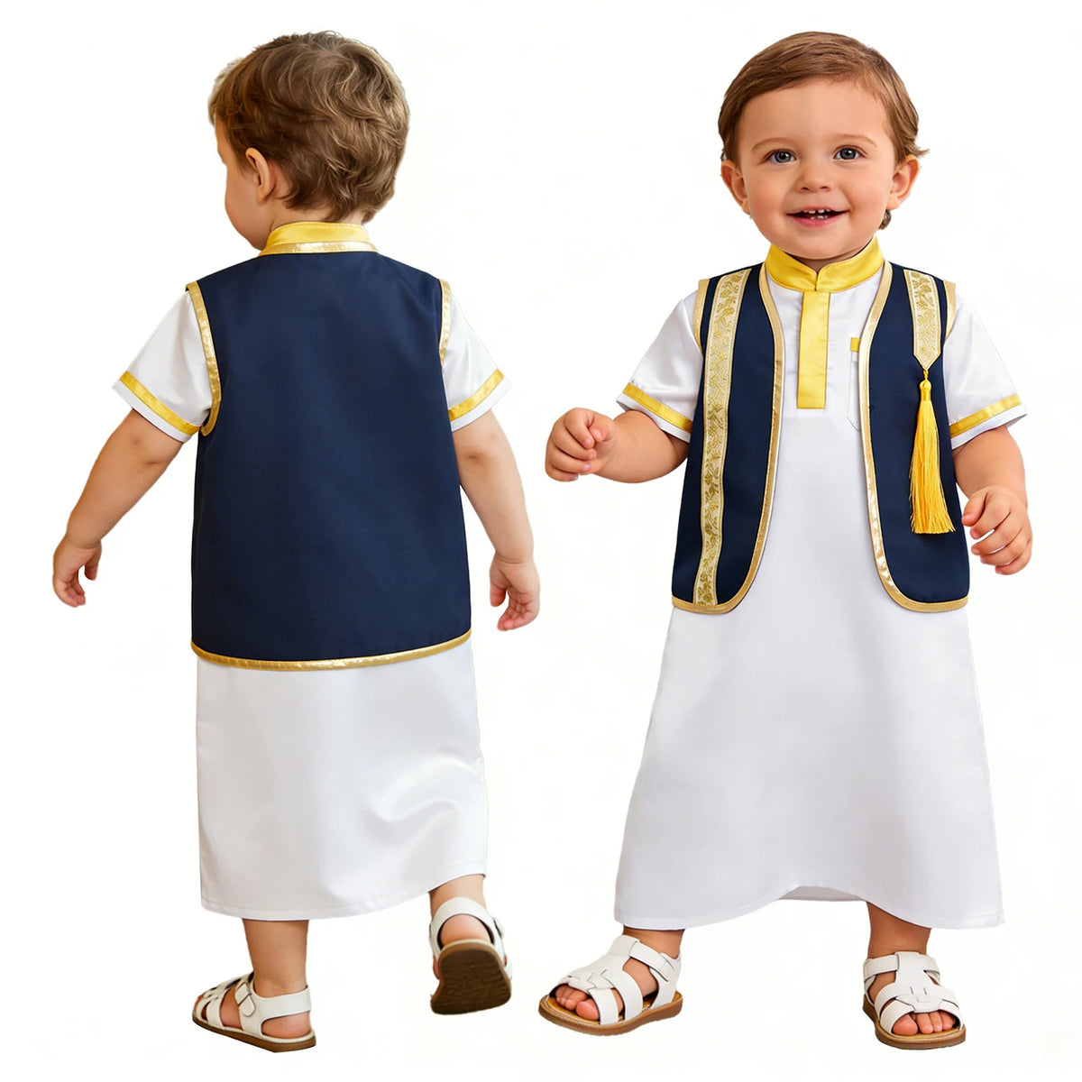 Muslim Baby Boys Robe Ramadan Eid Abaya Set Metallic Trim Arabic Islamic Kaftan Thobe Satin Gown with Open Front Tassel Vest