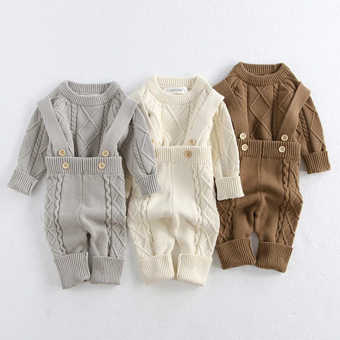 2024 New Autumn Winter Children Knitted Clothes Suit Long Sleeved Knitted Pullover+Jumpsuit Newborn Baby Boys Girls Clothing Set