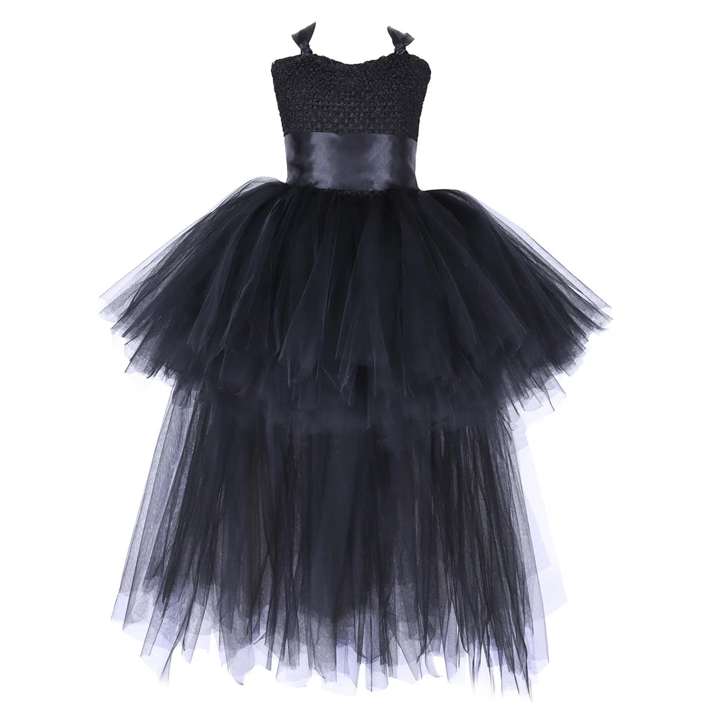 Dark Witch Halloween Costumes for Girls Black Devil Angel Fancy Trailing Dress with Feather Wings Bat Horns Kids High Low Outfit