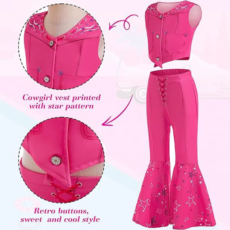 Girls Margot Movie Cospaly Costume Pink Vest Top And Flared Trousers For Kids Barbe Halloween Birthday Party Carnival Outfits