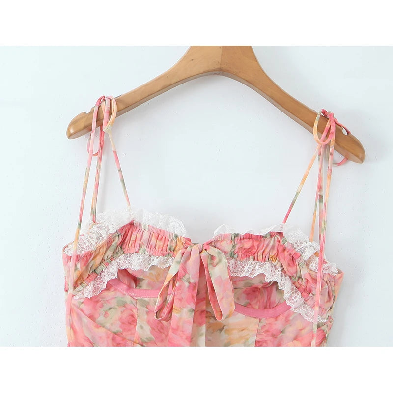 YENKYE Sexy Sling Floral Print Boho Beach Dress Women New 226  Lace Trim  Irregular Hem Holiday Summer Dresses Short Robe