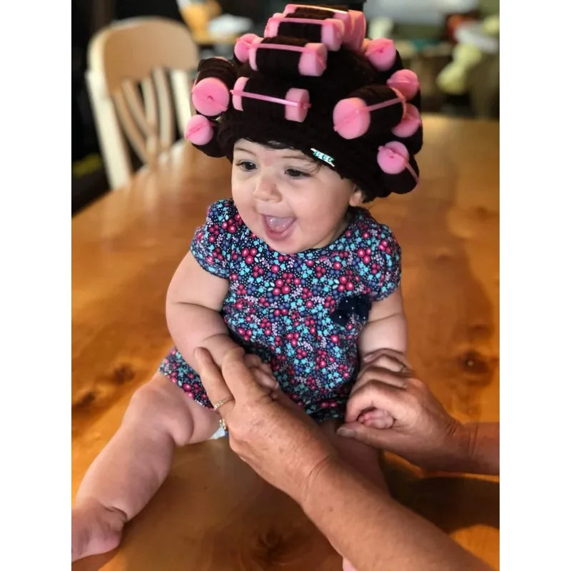Soft Crochet Toddler Curler Hat Old Lady Costume Wig Baby Kids Dress Up Funny Granny Costume Photo Prop Halloween School Play