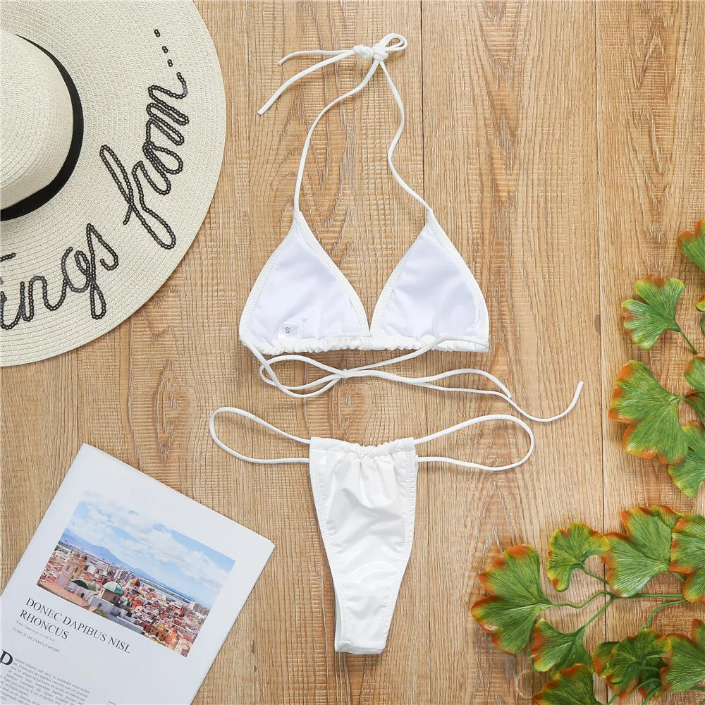 Shiny PU Mini Micro Bikini 2025 Women Swimsuit Female Brazilian Swimwear Two Pieces Bikini Set High Cut Bathing Suit Swim Lady