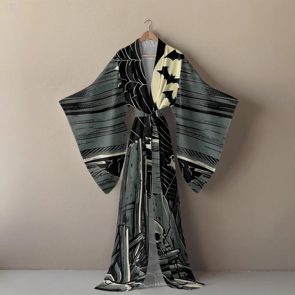 Halloween Cosplay Women's Sexy V-Neck Robe with Abstract Ghost Print - Long Sleeve Party Costume Unique Vampire Witch Long Robe