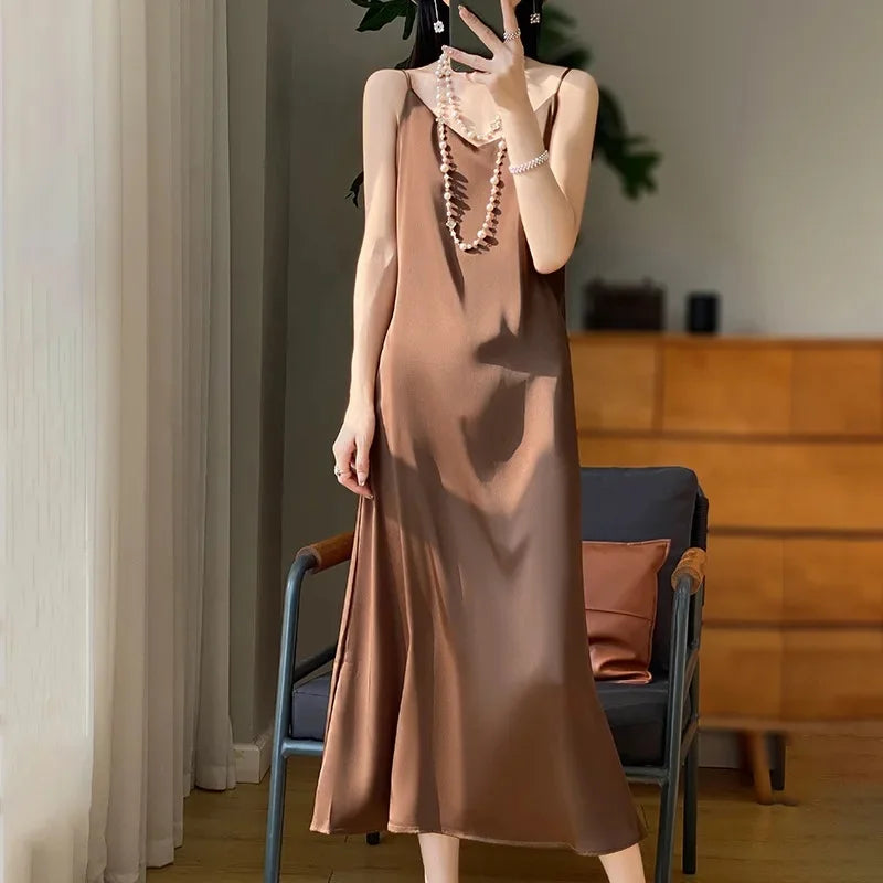 Silk V-neck Slim-fit Satin Dress Sexy Strap Long Gown for Women New 2025 Spring Summer Inner Wear Dress Elegant Lady Dress