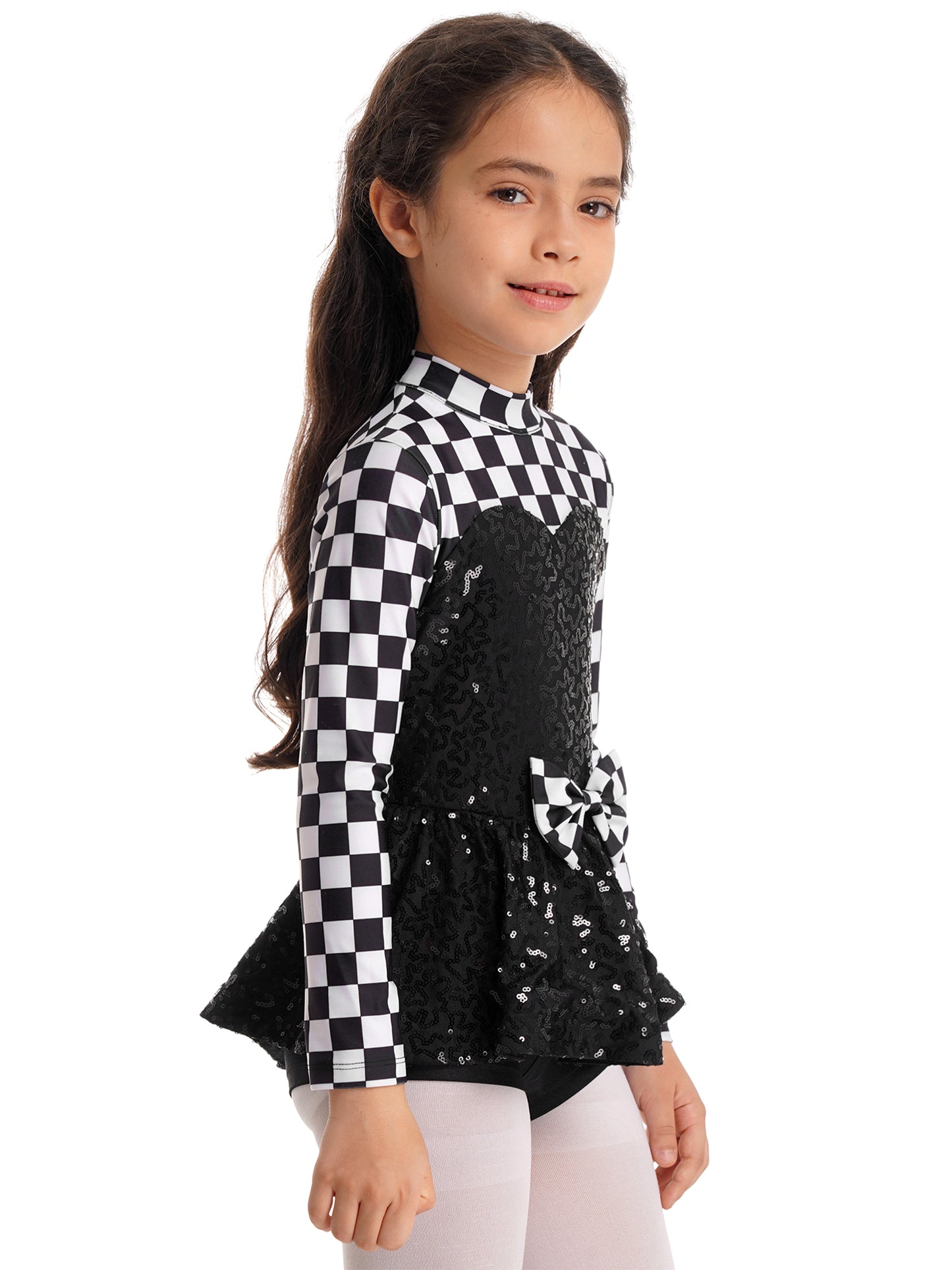 Kids Girls Checkerboard Racer Costume Halloween Car Driver Cosplay Leotard Dress with Tulle Skirt Themed Party Driving Roleplay
