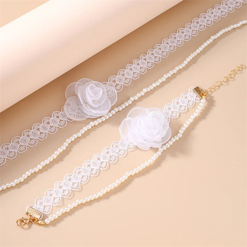 Sexy Pure White Lace Rose Flower Clavicle Chain Necklace for Women Imitation Pearl Choker Bracelet Girls Wedding Jewelry Gift