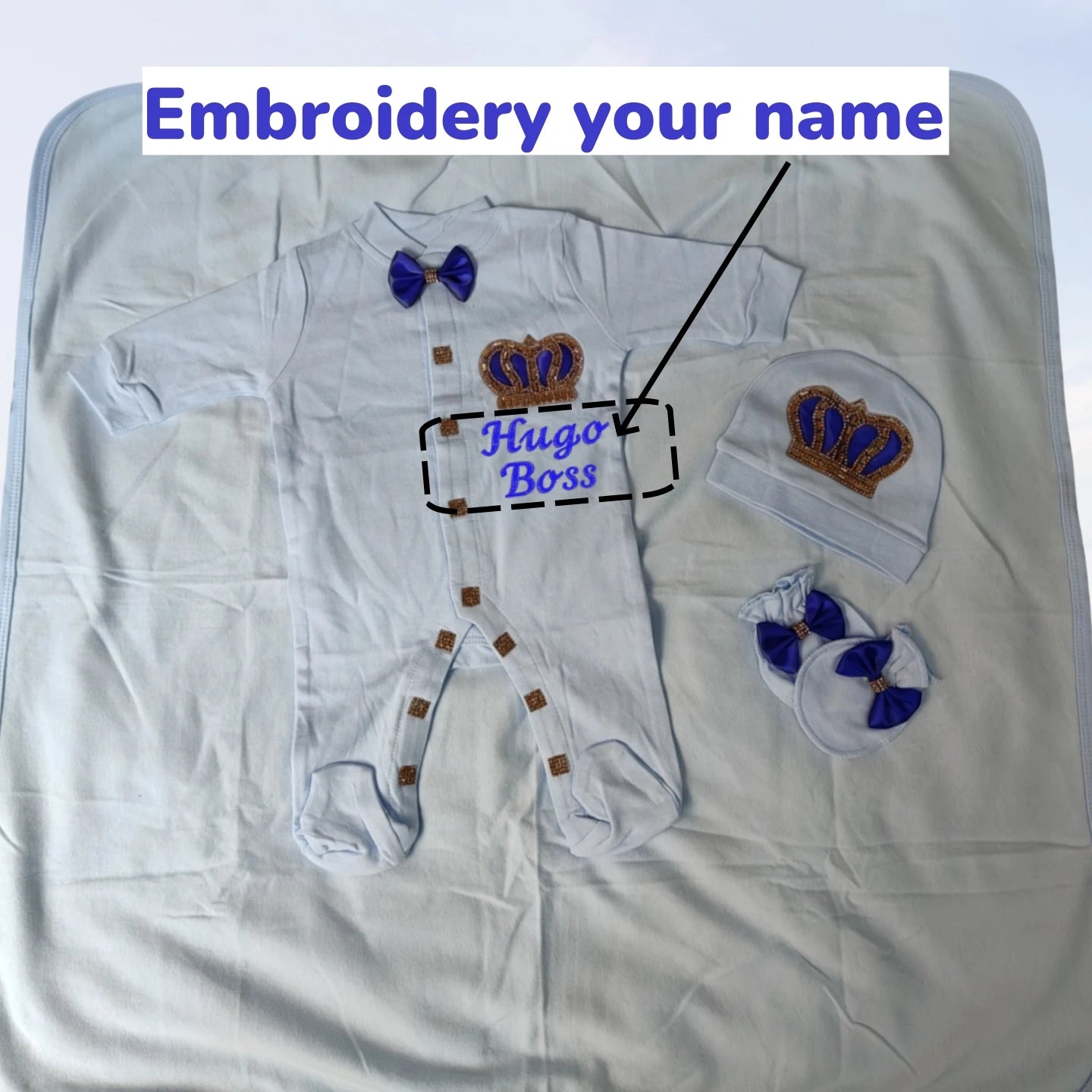 Customized Name Newborn Baby Boss Embroidery Lace Romper Outfit Infant Wrapped Baby Products Pants Mittens Receiving Blanket