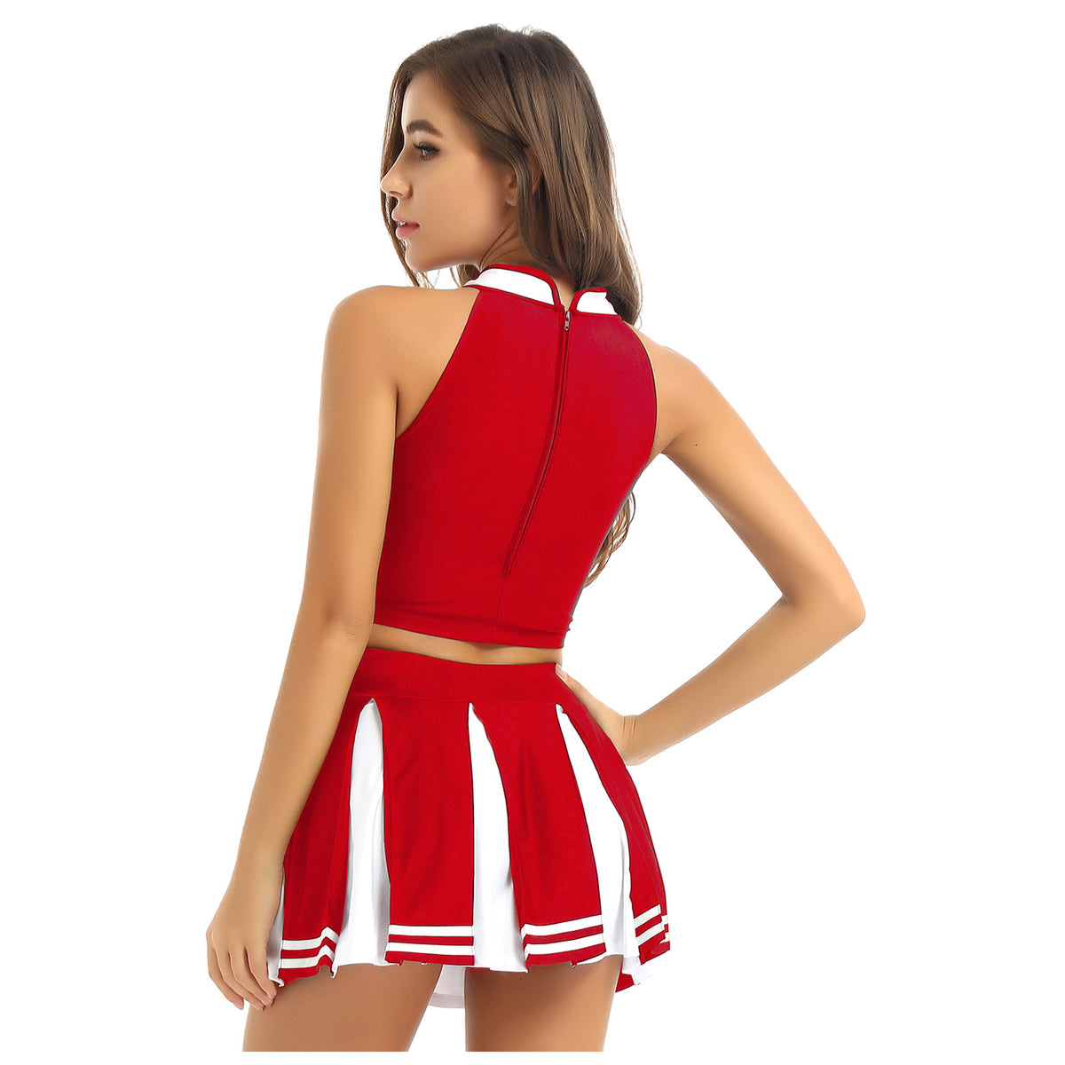 Women Cheerleading Cheerleader Costume Uniform School Girls Carnival Cosplay Outfits Stand Collar Crop Top with Mini Skirt
