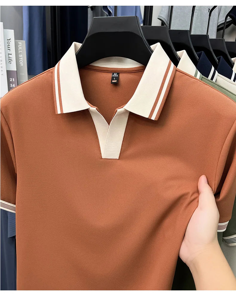Light luxury summer new short sleeve polo shirt silky breathable high-end men's fashion personalized color blocked lapel T-shirt
