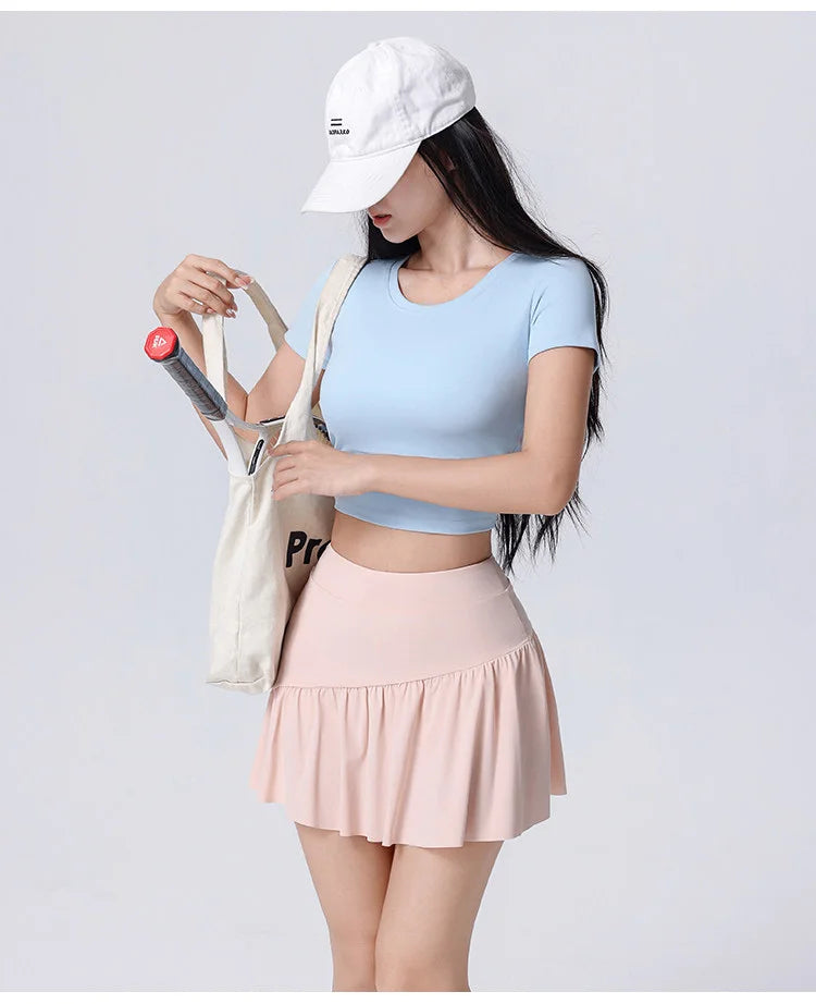 Women High Waist Asymmetrical Tennis Skirt Built-in Shorts Quick Dry Breathable Workout Running Sports Mini Skort