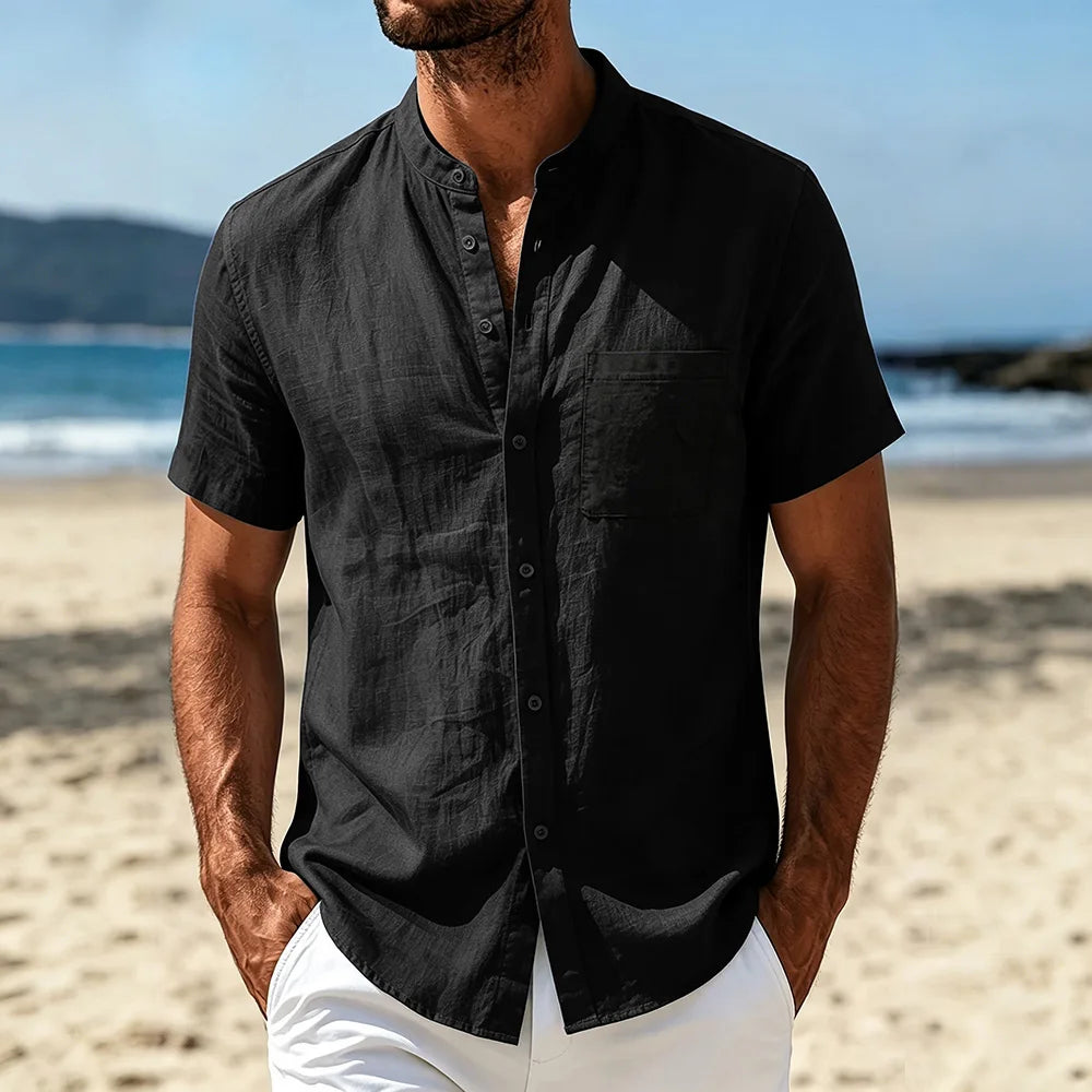 Men's Cotton Linen Shirt Summer Lightweight Breathable Short Sleeve Henley Neck Casual Shirts Male Vacation Beach Style Tops