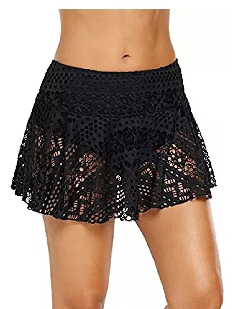 Women's Summer Shorts Skirt Swimwear Fashion Ladies Mini Mesh Lace Crochet Tiered Elastic Waist Famale Sexy Short Swimsuit Pants