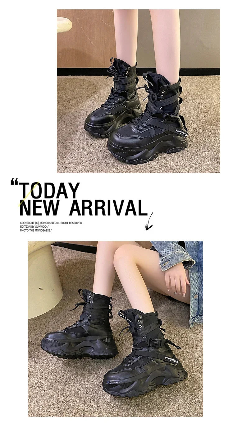 Hot Fashion Women Chunky Platform Motorcycle Boots White Lace Up Thick Bottom Shoes Woman Autumn Winter Ankle