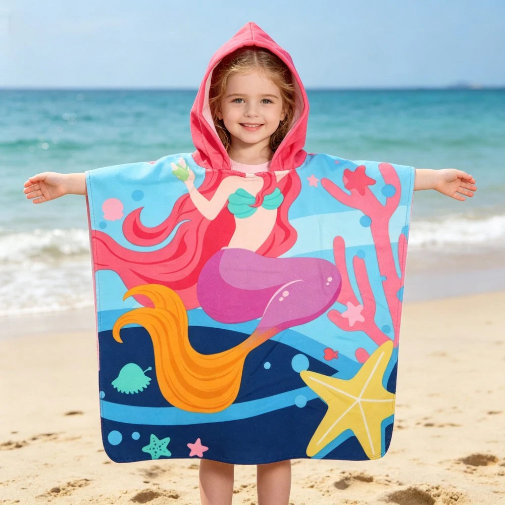 60-120cm Kids Hooded Bath Beach Poncho Towels Baby Quick Dry Bathrobe Child Cartoon Cloak Poncho Towels Microfiber Swim Cover-up