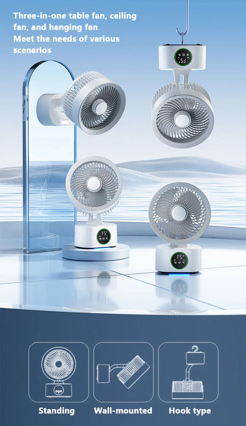 Portable Air Circulation Fan Smart Voice Remote Control USB Rechargeable Desktop Wall-Hanging Shaking Head Fan with Nightlight