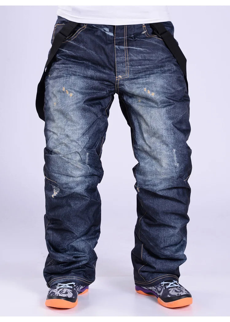 style denim ski pants suspenders denim ski pants men's skating snowboard waterproof, windproof and warm ski pants