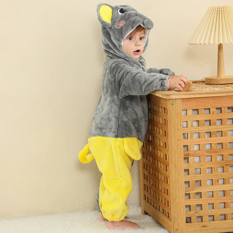 MICHLEY Halloween Elephant Winter Baby Rompers Clothes Costume Flannel Hooded Bodysuits Pajamas Animals Jumpsuit For Boys Bebe