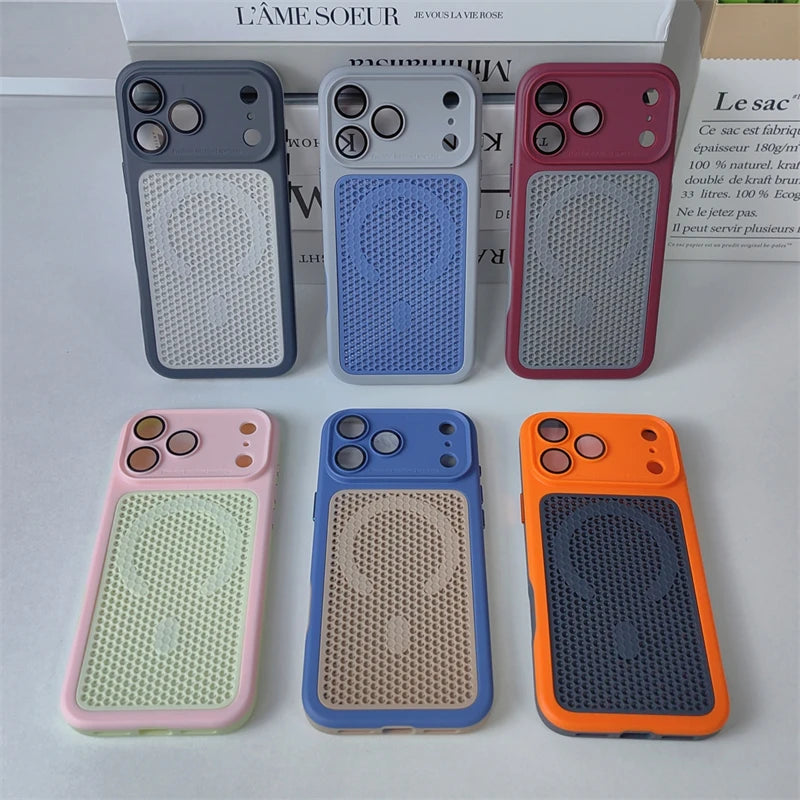 Heat Dissipation Mesh Magnetic Case for iPhone 17 15 14 13 12 16 Pro Max Plus For Magsafe Lens Protector Shockproof Bumper Cover