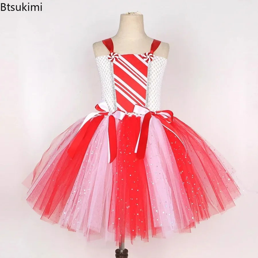 Sparkly Christmas Candy Costumes for Girls White Red Xmas Party Dresses with Bow Socks Kids New Year Tutu Outfit Holiday Clothes