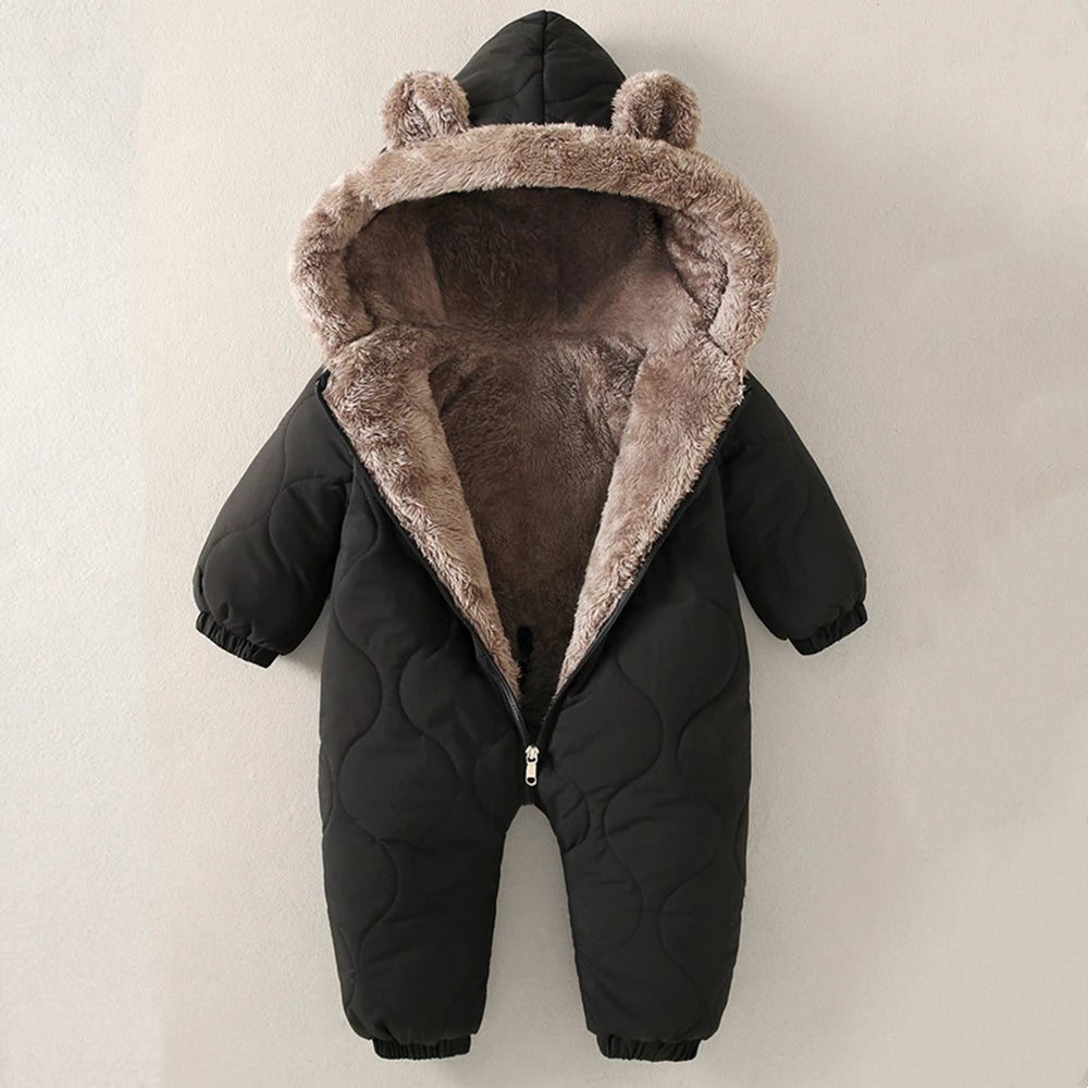 Boys New Born baby Clothes Autumn Winter Fleece-Lined Hooded Romper Pants Perfect for Outdoor Toddler Girl Little Girls Clothing