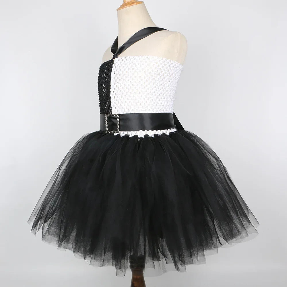 Halloween Crulla Cosplay Costume Cruella Tulle Dress Party Girls Black White Carnival Kids Cruella Wig Lace Mask Suit Clothes