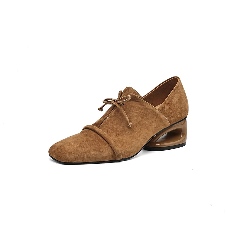 2025 New Women Pumps Sheep Suede Leather Shoes for Square Toe Low Heel Shoes Casual Lace-up Handmade Shoes 34-42 Women Heels