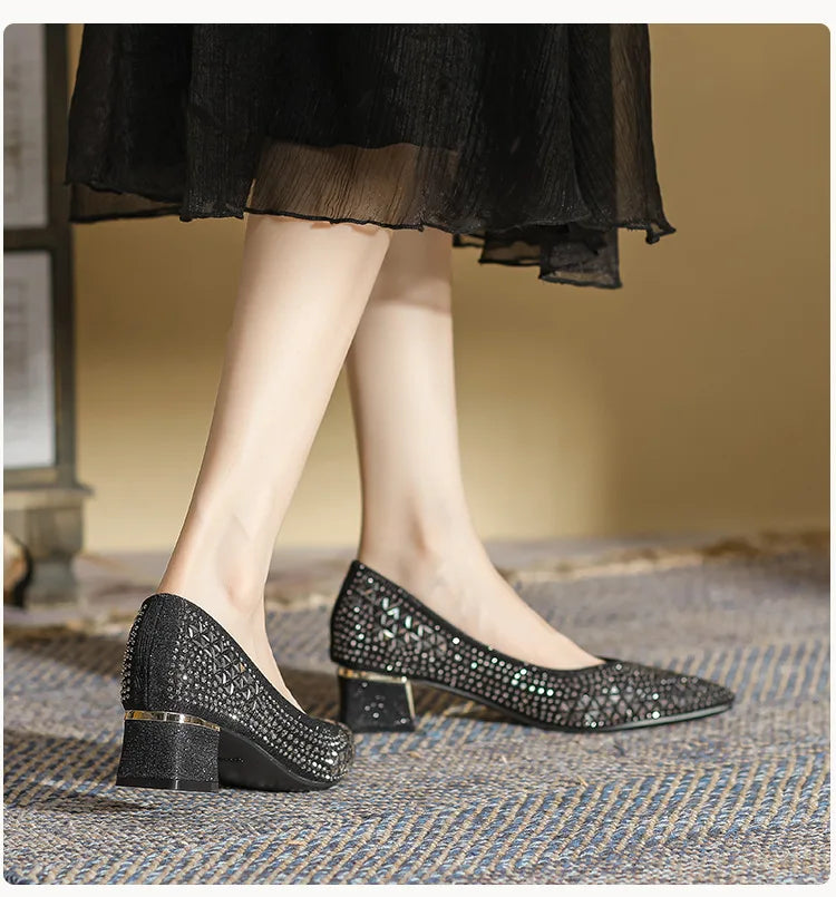 Sequines Cloth Gold rivets pumps women pointed toe glitter med-high heels shoes metal heeled female tacones elegant OL shoes