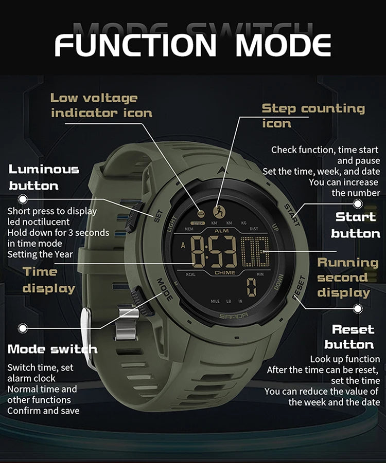 SANDA Brand Men Watches Sports Pedometer Calories 50M Waterproof LED Digital Watch Military Wristwatch Relogio Masculino 2145