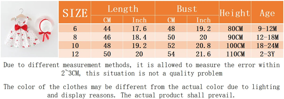 (0-3) Baby Girl Clothing Set 2/Piece Set Summer Baby Girl Cherry Printed Large Bow Cotton Beach Sleeveless Princess Dress+Hat