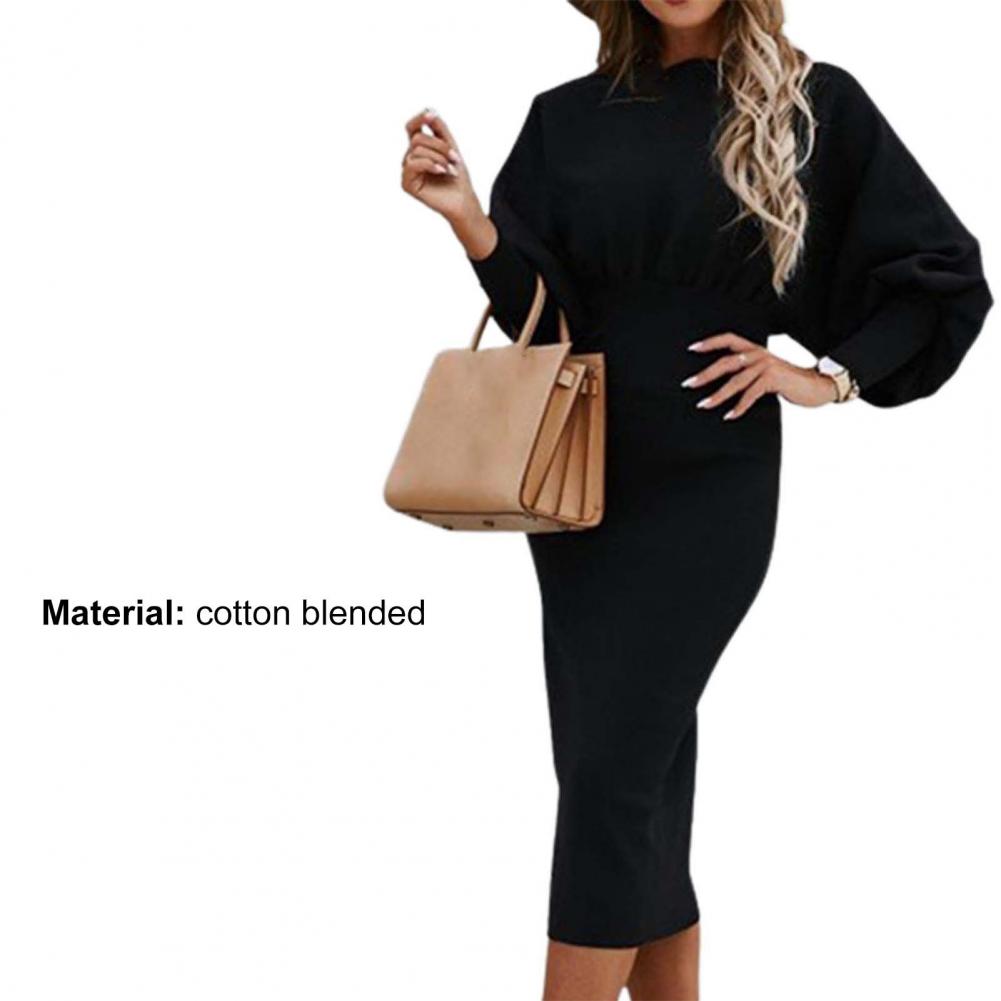 Fashion Office Dress O-Neck Warm Soft Texture Pure Color Bodycorn Office Dress