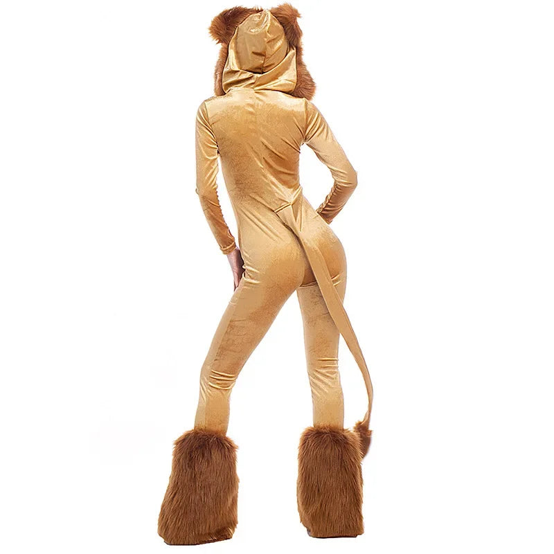 Halloween Costume For Adult Women Lion King Cosplay Animal Cartoon Lion Plush Hooded Jumpsuit With Tail+Leg Cover