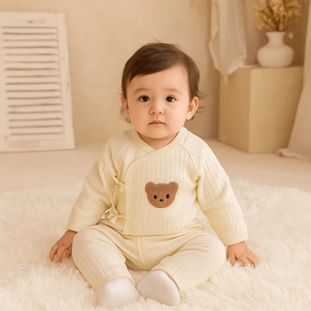 2Pcs/set Cartoon Bear Baby Cardigans Sets Soft Cotton Long Sleeve Baby Cardigans+Long Pants Sets 0-6 Months Solid colors