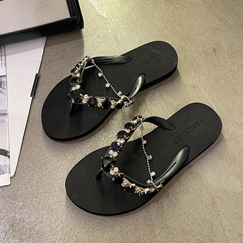Rhinestone Chain Summer Flip Flops Sandals Women Comfortable Beach Shoes Non-slip Soft Bottom Casual 5cm Heels Wedges Slippers