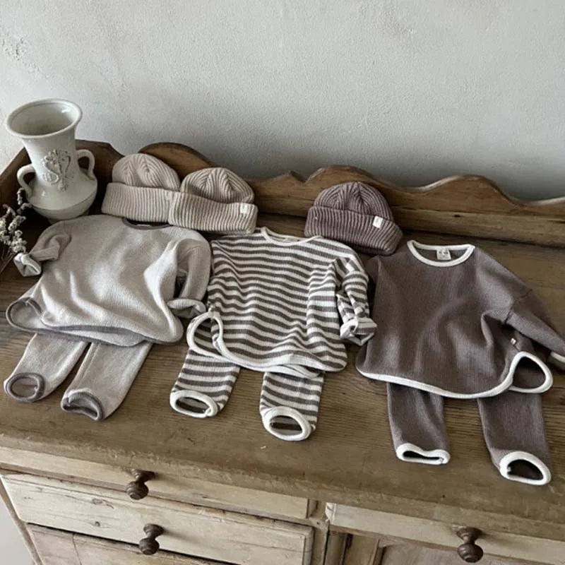 Korean Autumn Baby's Sets 2024 Toddler Casual Set Loose Kids Waffle Sweater Pants Two-piece Set Boys Clothes Suit