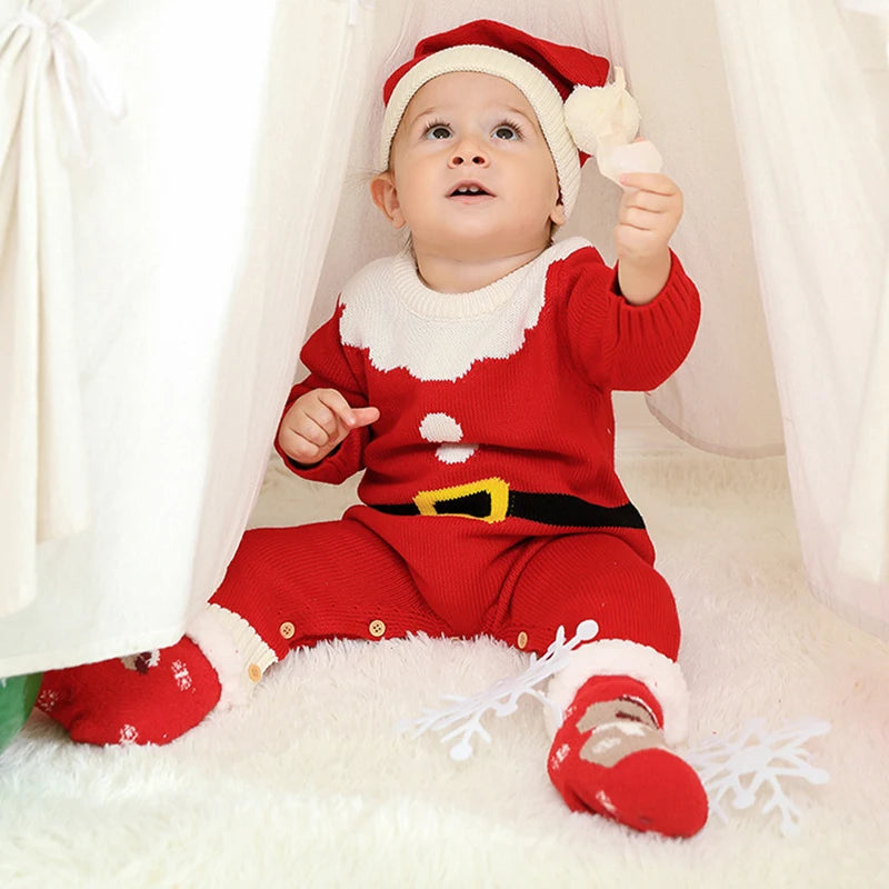 Infant Christmas Outfits Baby Romper Clothes Winter Red Santa Claus Knitted Newborn Infant Boy Girl Christmas Gift Jumpsuits+Hat