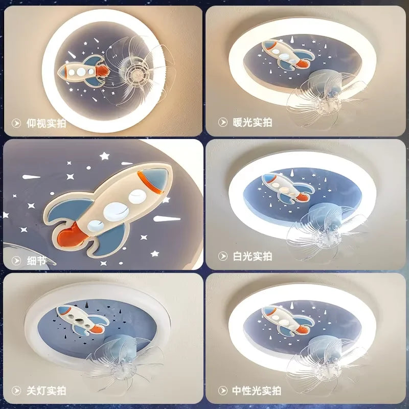 Modern Kids Room Ceiling Fan Light Cartoon Moon Astronaut Ceiling Lamp Boy Girl Bedroom Nursery Study Chandelier Ceiling Lights