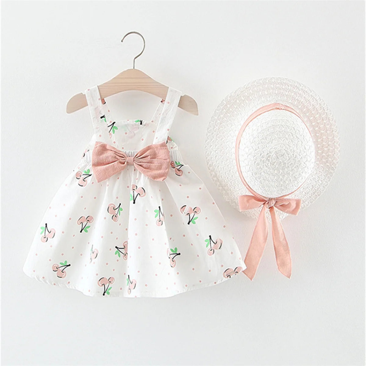 (0-3) Baby Girl Clothing Set 2/Piece Set Summer Baby Girl Cherry Printed Large Bow Cotton Beach Sleeveless Princess Dress+Hat