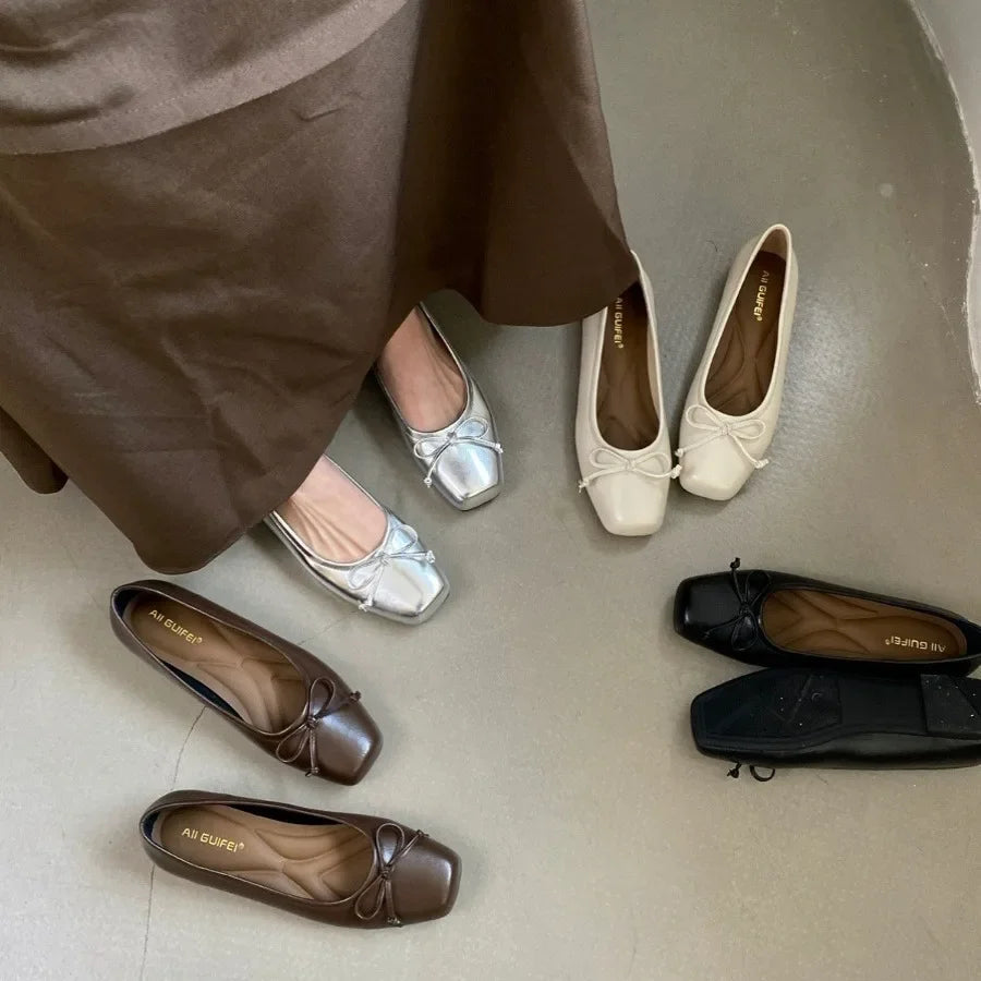 Gentle Fairy Style Flat Bottom Single Shoes Women's Spring 2025 New Butterfly Knot Square Head Silver Color Bean Shoes